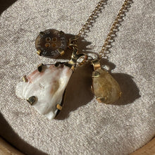 Load image into Gallery viewer, Touchstone Pendant Necklace: 18k gold plated chain with foraged shell, heritage button, and golden rutilated quartz pendants
