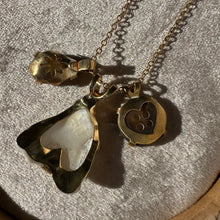 Load image into Gallery viewer, Touchstone Pendant Necklace: 18k gold plated chain with foraged shell, heritage button, and golden rutilated quartz pendants
