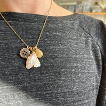 Load image into Gallery viewer, Touchstone Pendant Necklace: 18k gold plated chain with foraged shell, heritage button, and golden rutilated quartz pendants
