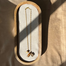 Load image into Gallery viewer, Touchstone Pendant Necklace: 18k gold plated chain with golden rutilated quartz, citrine stone and heritage button pendants
