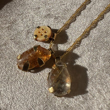 Load image into Gallery viewer, Touchstone Pendant Necklace: 18k gold plated chain with golden rutilated quartz, citrine stone and heritage button pendants
