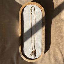 Load image into Gallery viewer, Touchstone Pendant Necklace: 18k gold plated chain with golden rutilated quartz, iridescent shell, and bronze flower pendants
