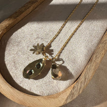 Load image into Gallery viewer, Touchstone Pendant Necklace: 18k gold plated chain with golden rutilated quartz, iridescent shell, and bronze flower pendants
