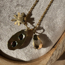 Load image into Gallery viewer, Touchstone Pendant Necklace: 18k gold plated chain with golden rutilated quartz, iridescent shell, and bronze flower pendants
