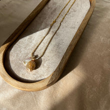 Load image into Gallery viewer, Touchstone Pendant Necklace: Pearl and 18k gold plated chain with golden rutilated quartz pendant
