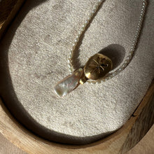 Load image into Gallery viewer, Touchstone Pendant Necklace: Pearl and 18k gold plated chain with golden rutilated quartz pendant
