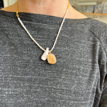 Load image into Gallery viewer, Touchstone Pendant Necklace: Pearl and 18k gold plated chain with golden rutilated quartz pendant
