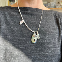 Load image into Gallery viewer, Touchstone Pendant Necklace: Pearl and silver plated chain with iridescent shell and black rutilated quartz pendants
