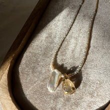 Load image into Gallery viewer, Touchstone Pendant Necklace: Pearl and 18k gold plated chain with golden rutilated quartz pendant
