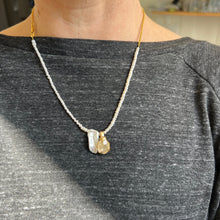 Load image into Gallery viewer, Touchstone Pendant Necklace: Pearl and 18k gold plated chain with golden rutilated quartz pendant
