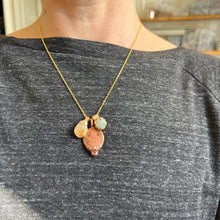 Load image into Gallery viewer, Touchstone Pendant Necklace: 18k gold plated chain with reclaimed ring stamp, golden rutilated quartz and chalcedony pendants
