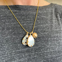 Load image into Gallery viewer, Touchstone Pendant Necklace: 18k gold plated chain with mother of pearl, shell, and bronze rattle pendants
